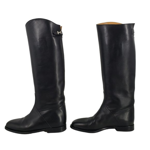 Hermes Tall Black Leather Jumping Boot Silver H Buckle Womens Size 38 Equestrian - Picture 9 of 15